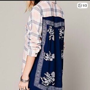 Free People button up shirt Behind the Plaid bandana back pink navy oversized XS